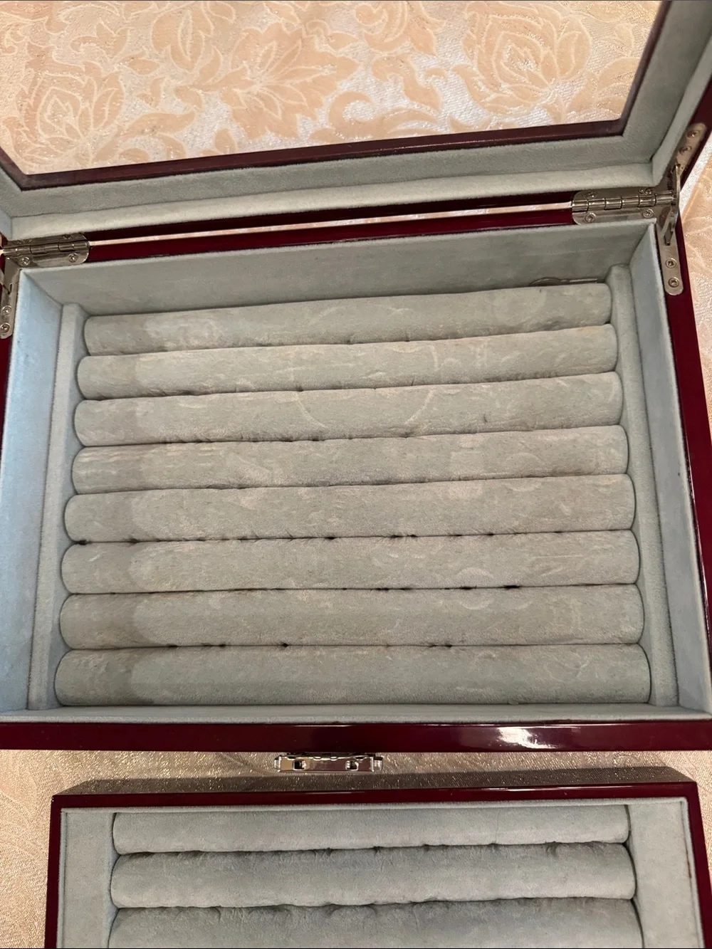 Double Layer Glass-Top Mahogany Cufflink and Ring Felt Bottom Jewelry Box